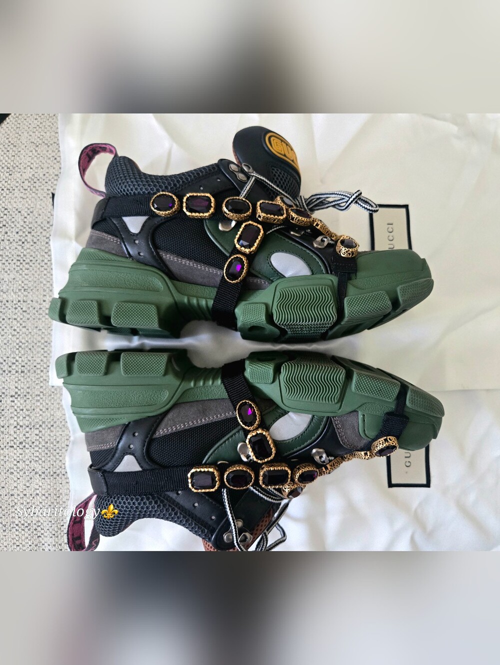 Authentic GUCCI Flashtrek Green Leather Sneakers Removable Crystal Made In Italy